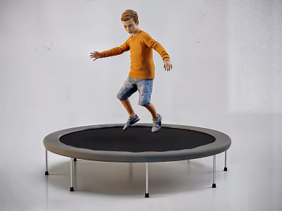 Boy Jumping On Round Trampoline Wearing Orange Sweater And Denim Shorts In White Background 3d model