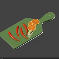 Green Kitchen Cutting Board With Orange Slices And Red Chili Peppers