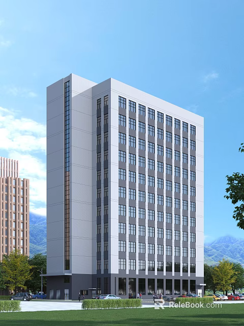 Modern High Rise Office Building With Large Glass Windows Green Trees And Mountain View 3d model 