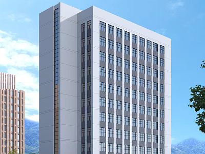 Modern High Rise Office Building With Large Glass Windows Green Trees And Mountain View 3d model