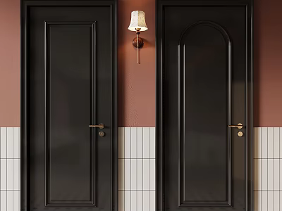 Black Doors With Wall Lamp On Pink Wall And White Tiles Interior 3d model