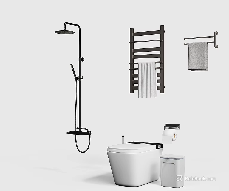 Essential Bathroom Accessories With Shower Head Towel Rack Toilet Paper Holder And Trash Bin 3d model 