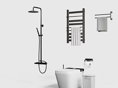 Essential Bathroom Accessories With Shower Head Towel Rack Toilet Paper Holder And Trash Bin 3d model