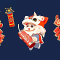 Festive Chinese New Year Decor With Lion Dance Character Red Firecrackers Fortune Symbols 2024 Scroll 3d model