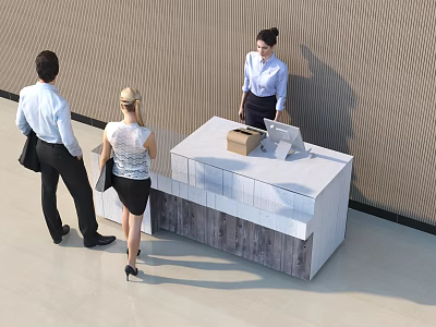 Modern Office Reception Desk With Box And Computer Monitor And People Approaching Receptionist 3d model