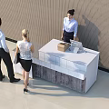 Modern Office Reception Desk With Box And Computer Monitor And People Approaching Receptionist