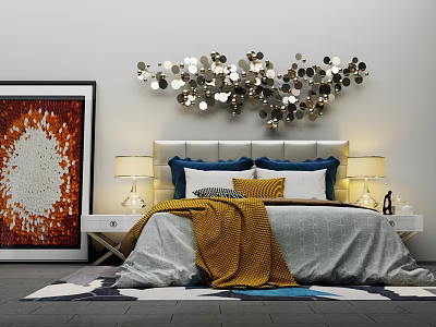 Stylish Double Bed with Blue White Pillows Yellow Throw Nightstands and Metallic Wall Decor 3d model