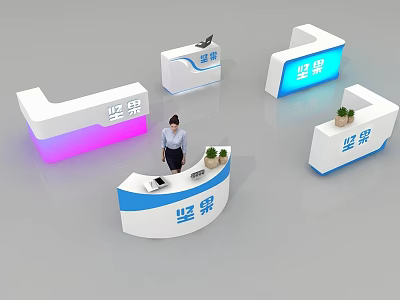 Illuminated Modern Exhibition Reception Desk with Curved L Shaped Design LED Lights and Potted Plants 3d model