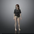 Woman In Gray T-shirt And Underwear Standing Barefoot Against Gray Background