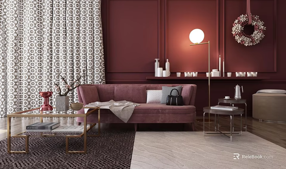 Purple Sofa And Glass Coffee Table Set With Gold Frame Maroon Wall Patterned Curtains Decor 3d model 
