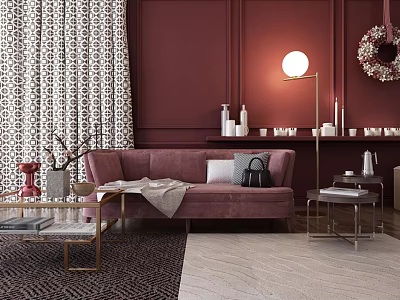 Purple Sofa And Glass Coffee Table Set With Gold Frame Maroon Wall Patterned Curtains Decor 3d model
