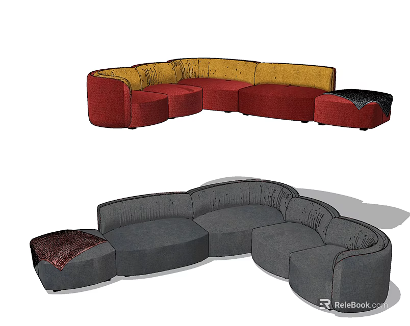 Modern Curved Sectional Sofa With Red Yellow And Gray Modular Design Elements 3d model