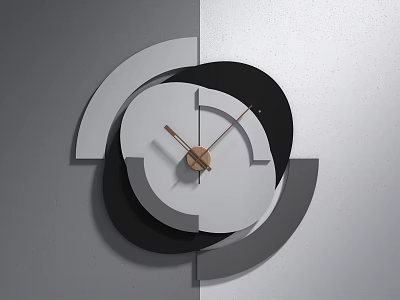 Modern Geometric Wall Clock with Black White Gray Circular Shapes and Wooden Gold Hands 3d model