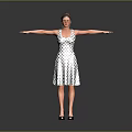 A Woman Standing In White Polka Dot Dress With Arms Outstretched Against Gray Background