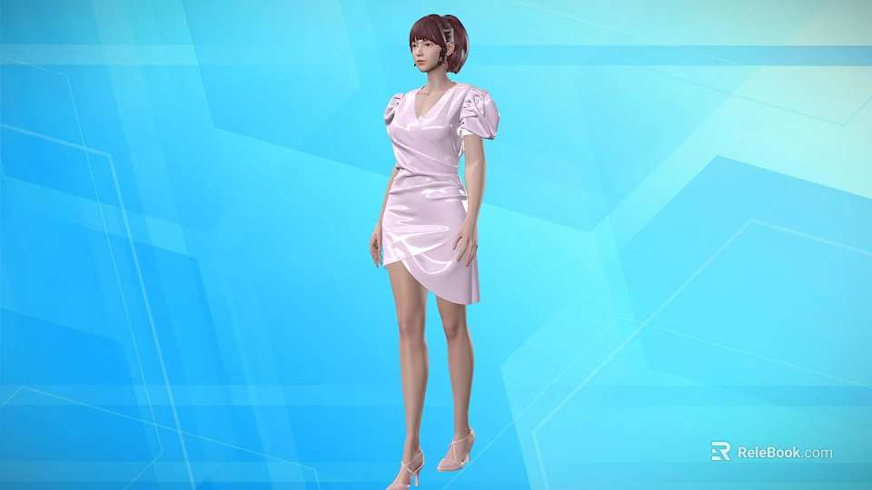 A woman in pink dress with puffed sleeves against blue geometric background and high heels 3d model 