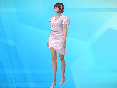 A woman in pink dress with puffed sleeves against blue geometric background and high heels 3d model
