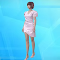 A woman in pink dress with puffed sleeves against blue geometric background and high heels