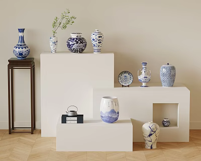 Traditional Blue and White Porcelain Vases with Flowers on White Display Stands for Interior Decoration 3d model
