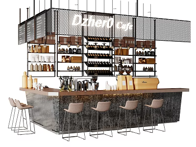 Cafe Bar Counter Interior With Stools Shelves And Various Drinks 3d model