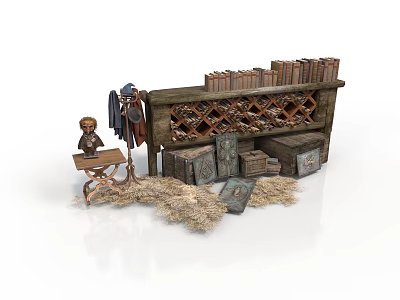 Vintage Rustic Furniture With Wooden Wine Rack Shelf Crates Small Table And Straw 3d model