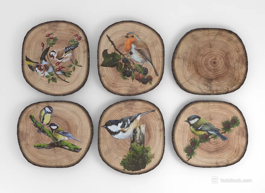 Hand Painted Animal Paintings on Natural Wood Slices with Various Birds and Botanical Elements 3d model 