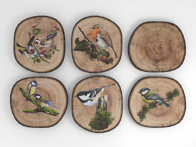 Hand Painted Animal Paintings on Natural Wood Slices with Various Birds and Botanical Elements 3d model