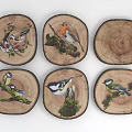 Hand Painted Animal Paintings on Natural Wood Slices with Various Birds and Botanical Elements