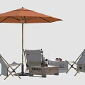 Outdoor Table Setup With Folding Chairs Orange Umbrella And Wooden Crate
