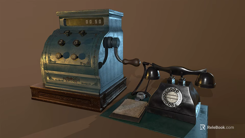 Vintage Mobile Digital Tech Old Cash Register and Telephone on Table 3d model 