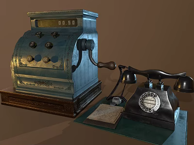 Vintage Mobile Digital Tech Old Cash Register and Telephone on Table 3d model