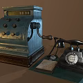 Vintage Mobile Digital Tech Old Cash Register and Telephone on Table