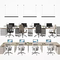 Modern Office Desks Setup With Computers Ergonomic Chairs And Hanging Lights 3d model