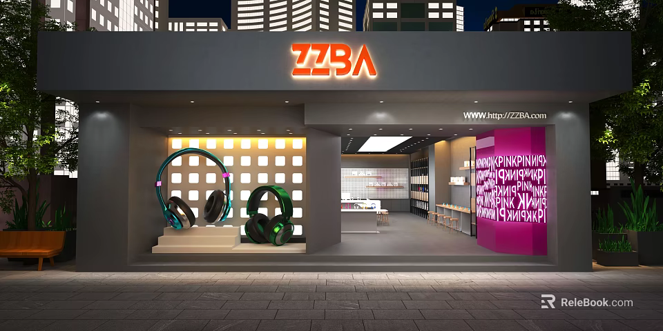 Stylish Modern Street Front Digital Store With Creative Headphone Display And Bright Spacious Interior 3d model 