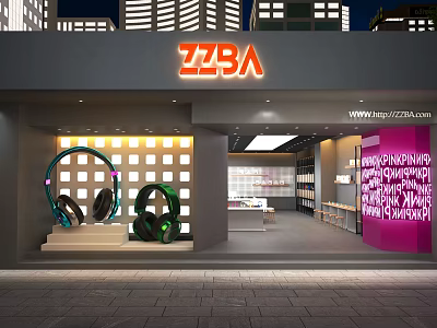 Stylish Modern Street Front Digital Store With Creative Headphone Display And Bright Spacious Interior 3d model