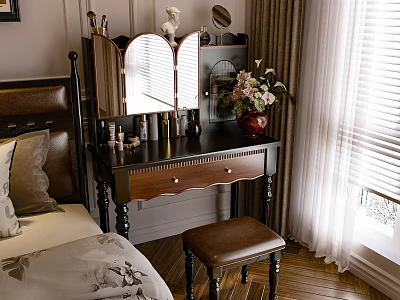 Elegant Wooden Dressing Table In Bedroom With Mirror Cosmetics Flower Vase And Stool 3d model