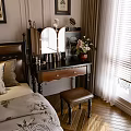 Elegant Wooden Dressing Table In Bedroom With Mirror Cosmetics Flower Vase And Stool
