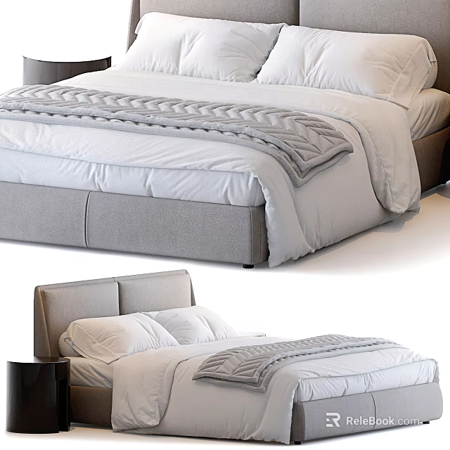 Modern Double Bed Interior With White Bedding Gray Bed Runner And Headboard 3d model 