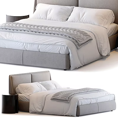 Modern Double Bed Interior With White Bedding Gray Bed Runner And Headboard 3d model