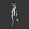 3D Female Game Character With White Long Hair Red Headpiece Blue Skirt And Bell Weapon