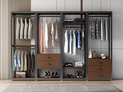 Modern Wardrobe Interior With Metal Frame Wooden Drawers Hanging Clothes Shoes And Accessories 3d model
