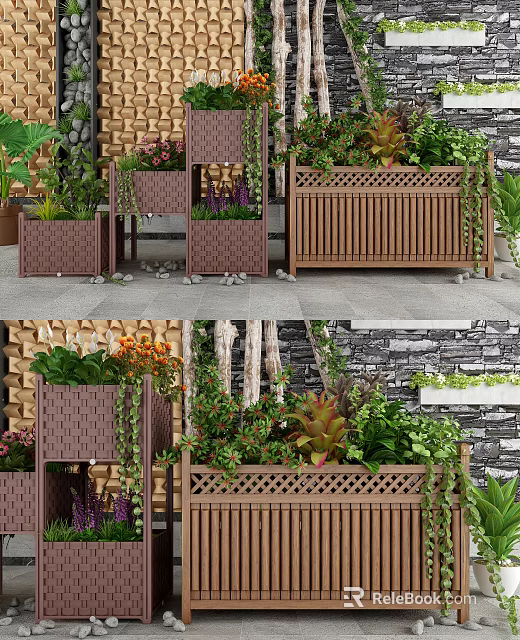 Decorative Wooden Garden Planters With Various Plants Different Sizes And Stone Accents 3d model 