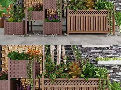 Decorative Wooden Garden Planters With Various Plants Different Sizes And Stone Accents 3d model