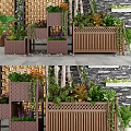 Decorative Wooden Garden Planters With Various Plants Different Sizes And Stone Accents