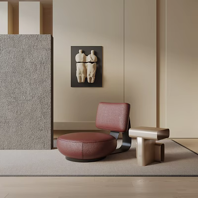 Burgundy Leather Accent Chair With Ottoman And Wall Art In Modern Interior With Textured Panel 3d model