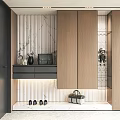 Modern Wooden Shoe Cabinet Featuring Marble Wall Decorative Items And Shoes