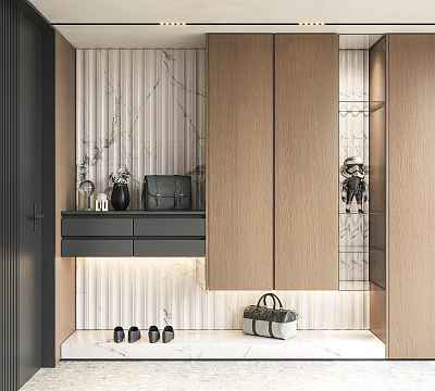 Modern Wooden Shoe Cabinet Featuring Marble Wall Decorative Items And Shoes 3d model