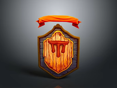 Decorative Wooden Shield Featuring Orange Ribbon And Central Tool Motif 3d model