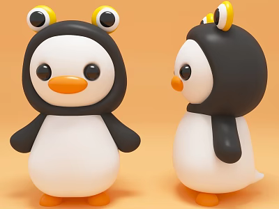 Cute Penguin Plush Toys With Frog Costume Big Eyes Orange Beak Feet On Orange Background 3d model