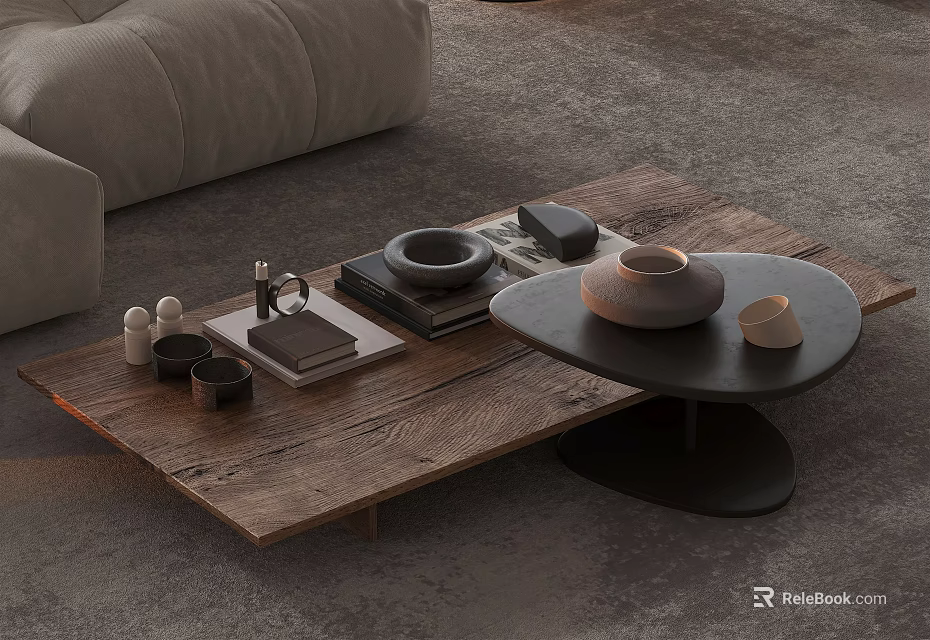 Wooden And Black Round Coffee Tables With Decorative Items Books And Vase In Living Room 3d model 