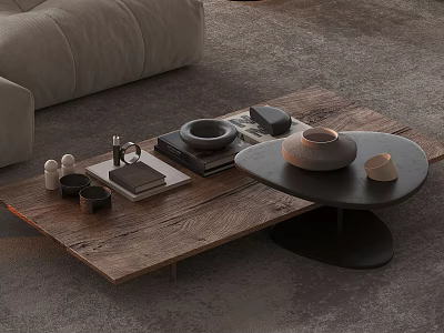 Wooden And Black Round Coffee Tables With Decorative Items Books And Vase In Living Room 3d model